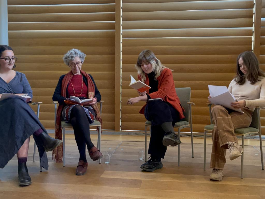 Nicol Hochholczerová (second from right) reading from This Room Is Impossible to Eat, in conversation with Georgina Fooks, Julia Sherwood, and Mary Orsak